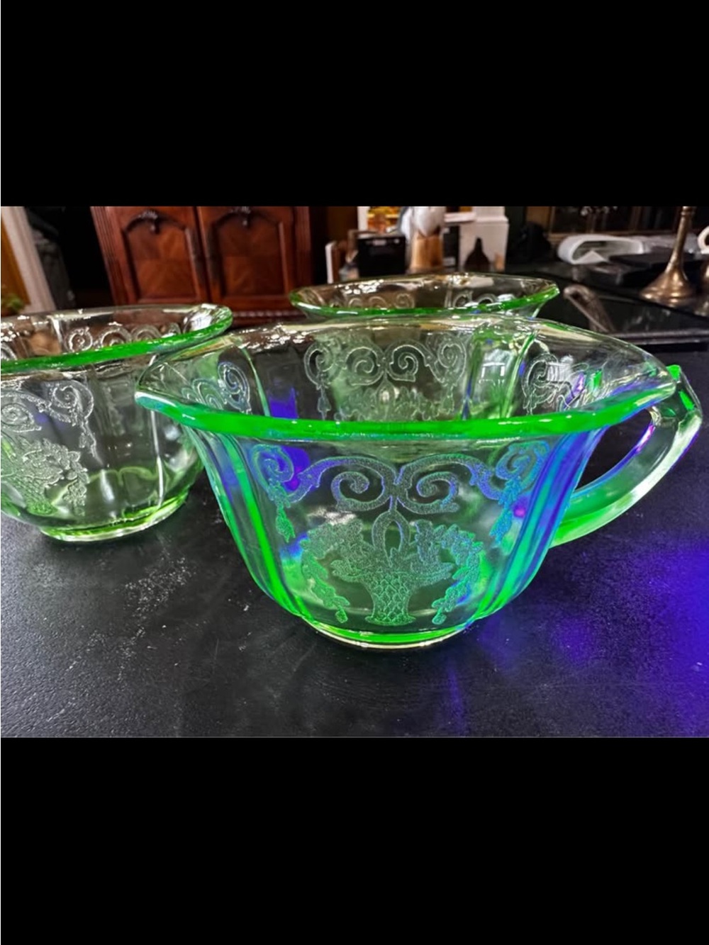 Green Uranium Glass Creamer with Embossed Scroll Pattern - Set of 3.   Glows